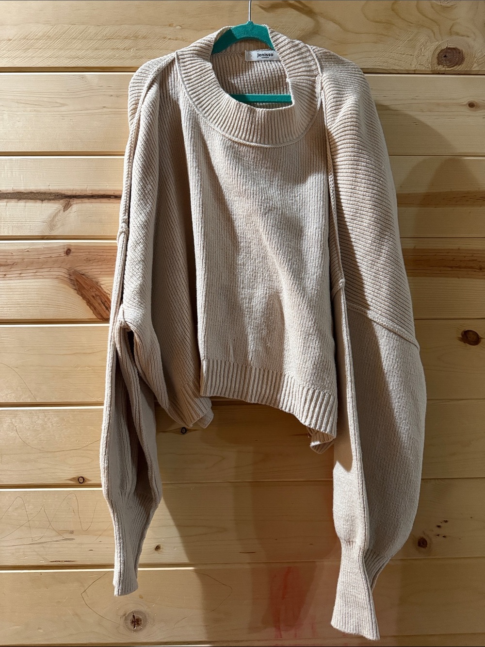 Beige Cropped Oversized Crewneck Sweater